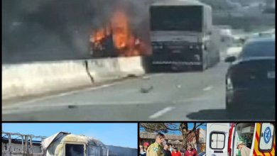 Fotos de Carreta pega fogo após motorista perder controle e bater contra mureta do contorno norte em Maringá