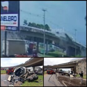 Vídeo mostra momento que caminhão despenca de viaduto do Contorno Norte em Maringá Foto 2 Fotos de Vídeo mostra momento que caminhão despenca de viaduto do Contorno Norte em Maringá