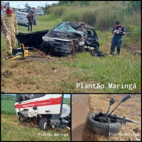 Fotos de Homem morre e mulher é socorrida de helicóptero após colisão entre carro e carreta entre Maringá e Iguaraçu 