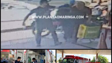 Fotos de Câmera de segurança flagra momento em que homem é esfaqueado por colega de trabalho, em Maringá.