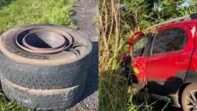 Fotos de Rodado de caminhão se solta, atinge carro na PR-317 em Maringá e deixa homem de 53 anos ferido; vídeo