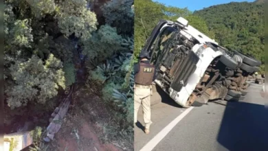 Fotos de Caminhão cai 80 metros em acidente na BR-277 e passageira morre ejetada no PR