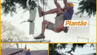 Fotos de Ladrão homem aranha é flagrado furtando fios da rede elétrica, em Maringá